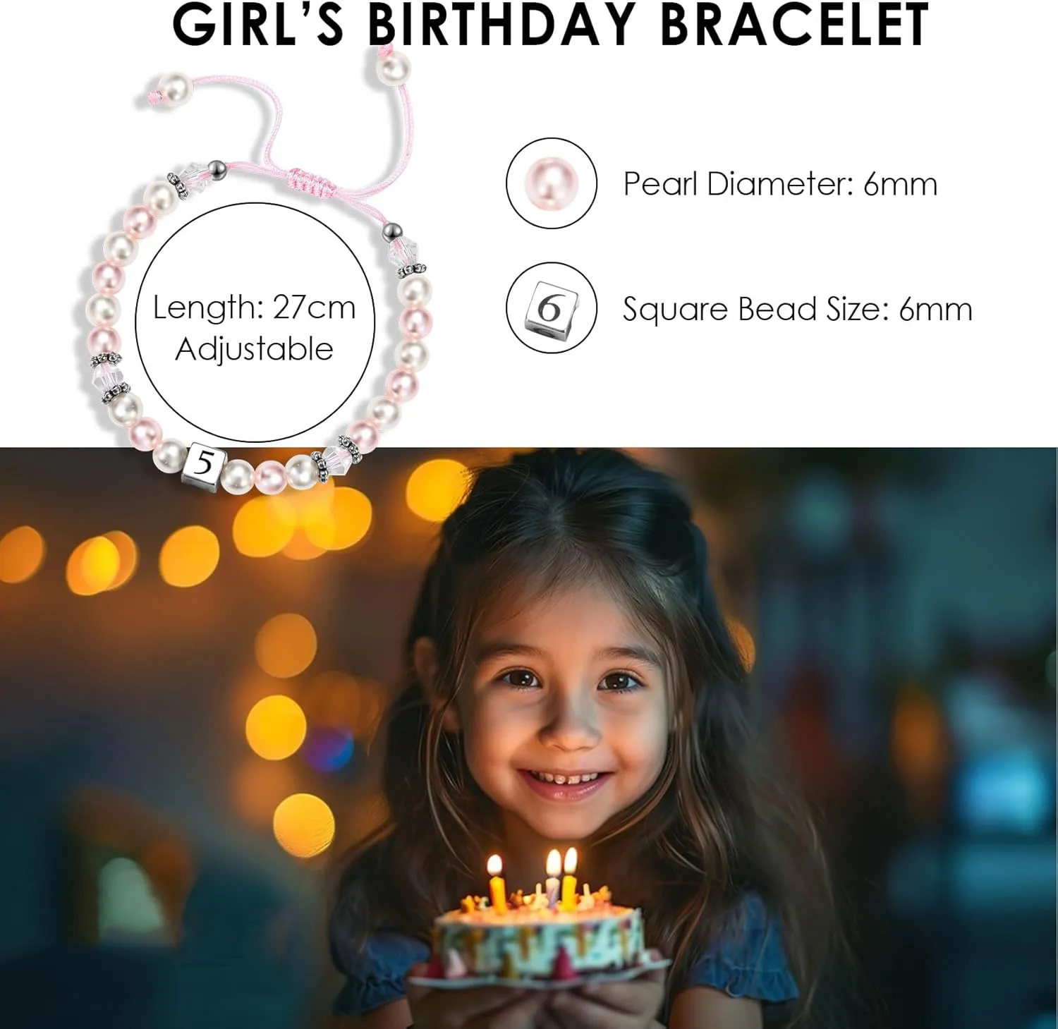 1-8 Years Old Birthday Gifts for Girl - Adjustable Birthday Bracelet for Little Girls with Pink & White Pearls, Birthday Gift Ideas for Daughter Niece Granddaughter Sister Girls