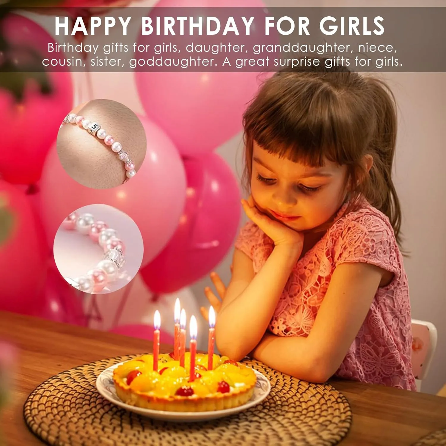 1-8 Years Old Birthday Gifts for Girl - Adjustable Birthday Bracelet for Little Girls with Pink & White Pearls, Birthday Gift Ideas for Daughter Niece Granddaughter Sister Girls