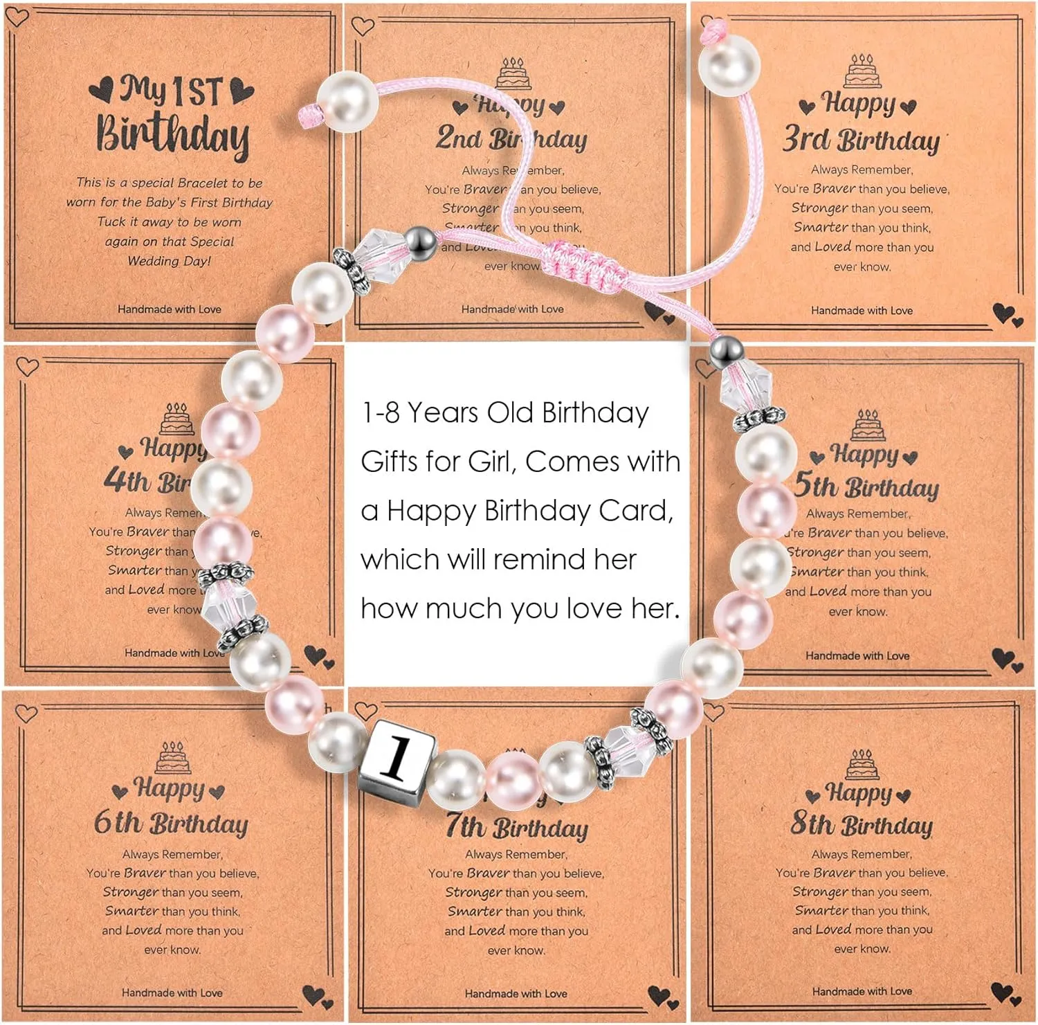 1-8 Years Old Birthday Gifts for Girl - Adjustable Birthday Bracelet for Little Girls with Pink & White Pearls, Birthday Gift Ideas for Daughter Niece Granddaughter Sister Girls