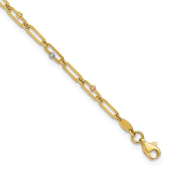 10K Tri-color Polished and Diamond-cut 10in Anklet