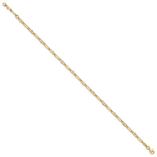10K Tri-color Polished and Diamond-cut 10in Anklet