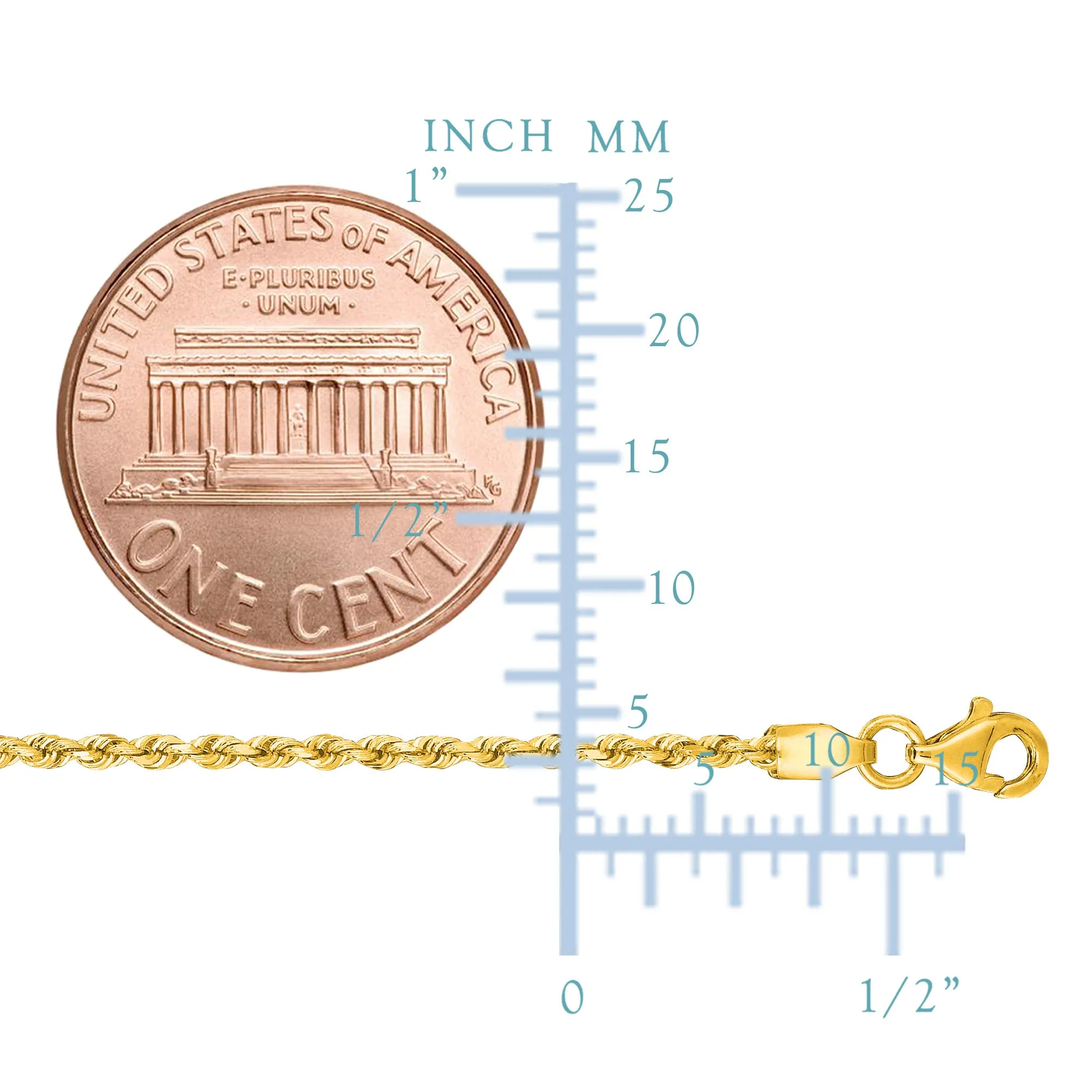 10k Yellow Solid Gold Diamond Cut Rope Chain Necklace, 2.0mm