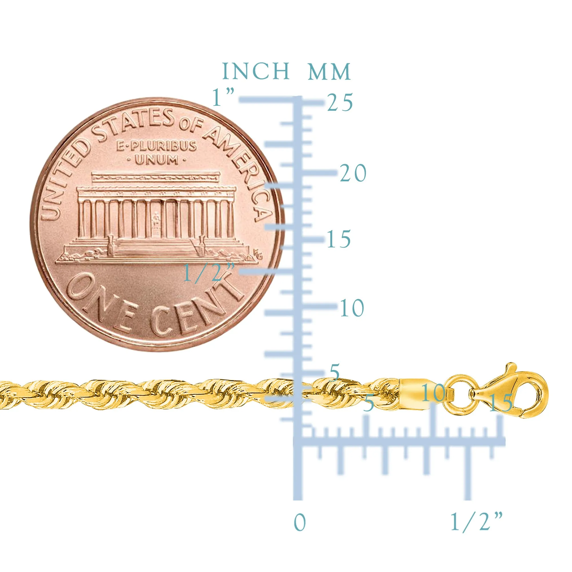 10K Solid Yellow Gold 2.5mm Diamond-Cut Rope Chain Necklace