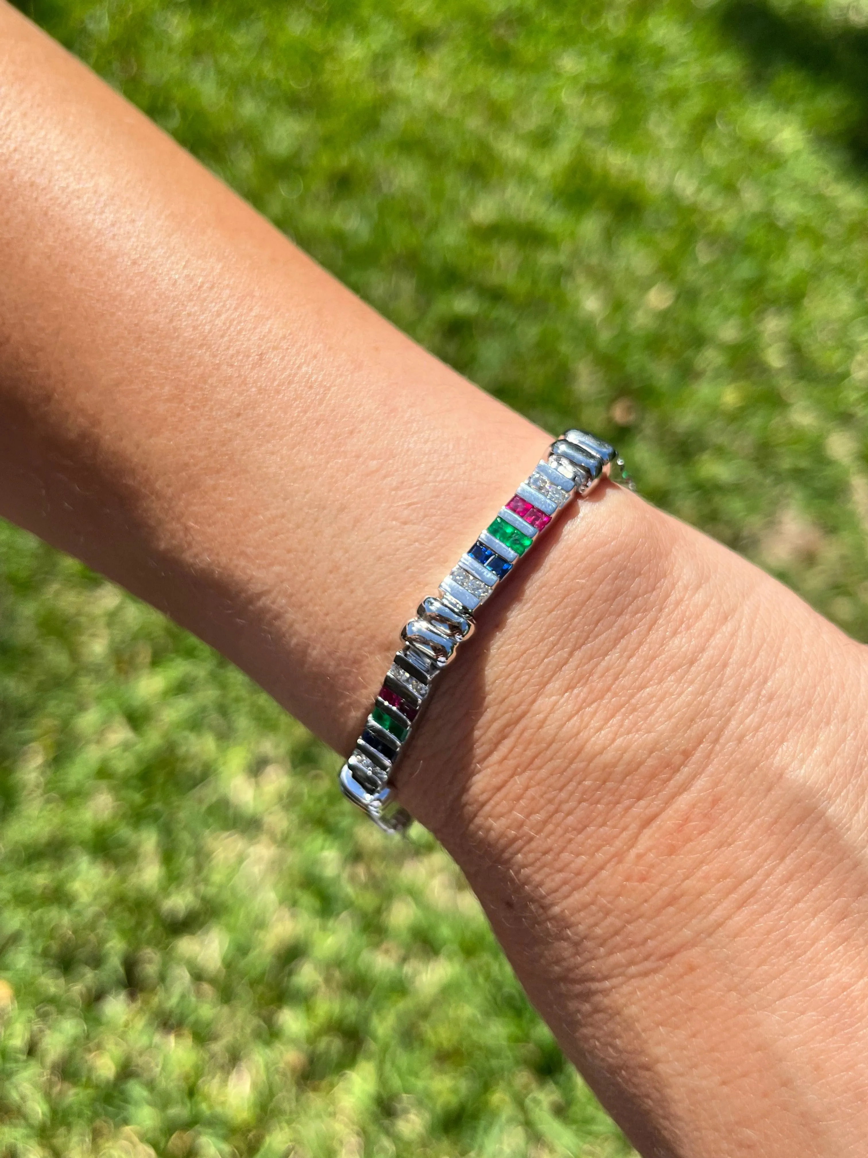 12 carat Diamond, Ruby, Emerald and Sapphire 18K White Gold Bracelet