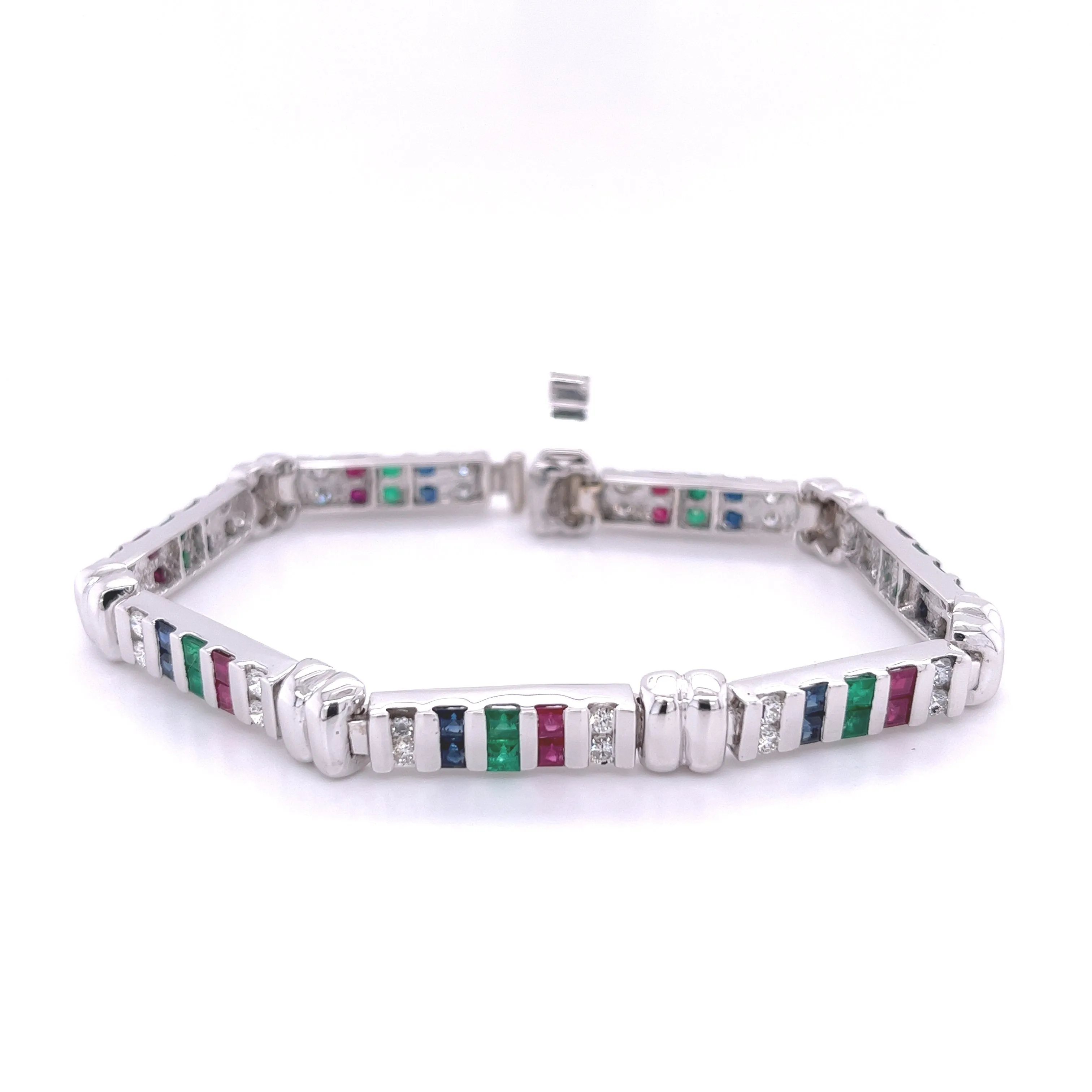 12 carat Diamond, Ruby, Emerald and Sapphire 18K White Gold Bracelet