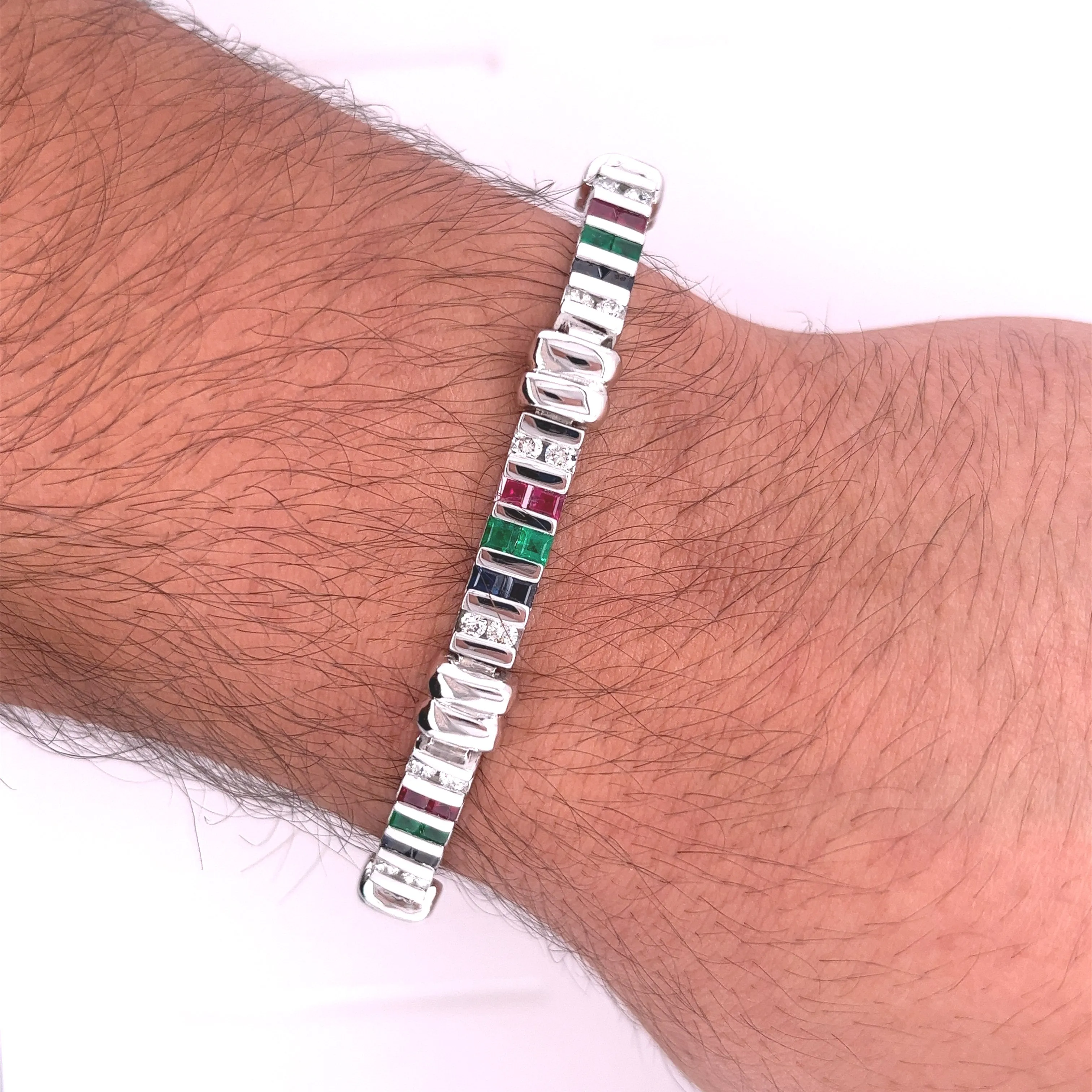 12 carat Diamond, Ruby, Emerald and Sapphire 18K White Gold Bracelet