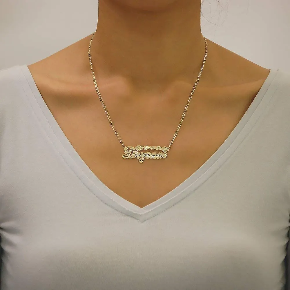 14k Personalized Gold Name Necklace Diamond Cut Nameplate Flowers Charm Chain