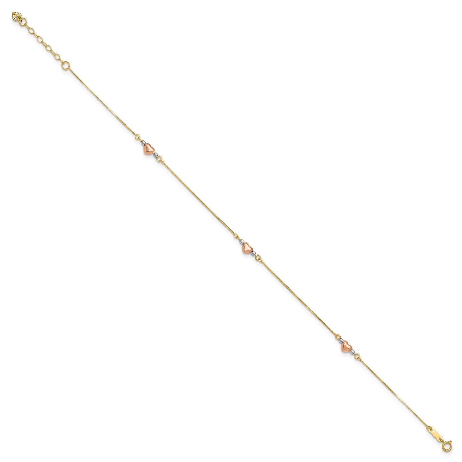 14k Tri-Color Gold Puffed Heart Charms Anklet, Adjustable 9" to 10"