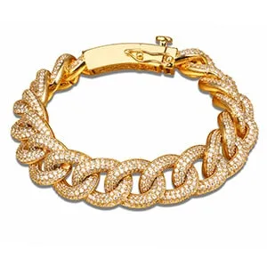 18K Gold Plated 14mm Thick AAA Micro Pave Bracelet- Miami Crystal Curb Cuban Link Chain Bracelet