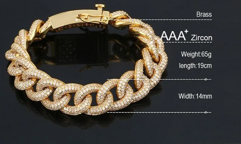 18K Gold Plated 14mm Thick AAA Micro Pave Bracelet- Miami Crystal Curb Cuban Link Chain Bracelet