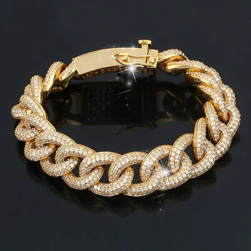 18K Gold Plated 14mm Thick AAA Micro Pave Bracelet- Miami Crystal Curb Cuban Link Chain Bracelet