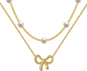 18K Gold Plated Satellite Pearl & Bow Pendant Necklace for Women, Adjustable Layered Choker Chain Jewelry, Mini Gold Pearl Necklace Gift