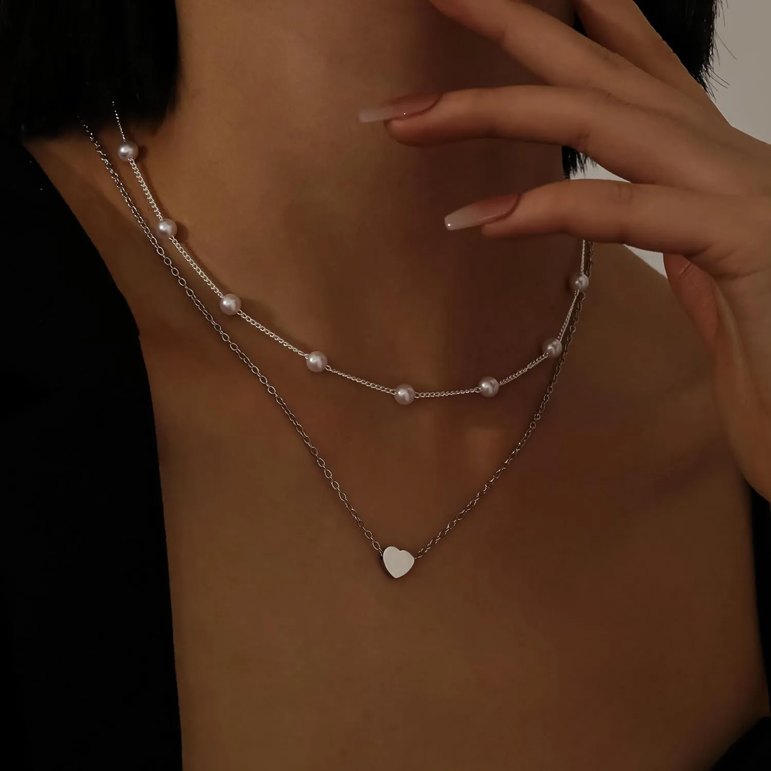 18K Gold Plated Satellite Pearl & Bow Pendant Necklace for Women, Adjustable Layered Choker Chain Jewelry, Mini Gold Pearl Necklace Gift