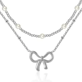 18K Gold Plated Satellite Pearl & Bow Pendant Necklace for Women, Adjustable Layered Choker Chain Jewelry, Mini Gold Pearl Necklace Gift