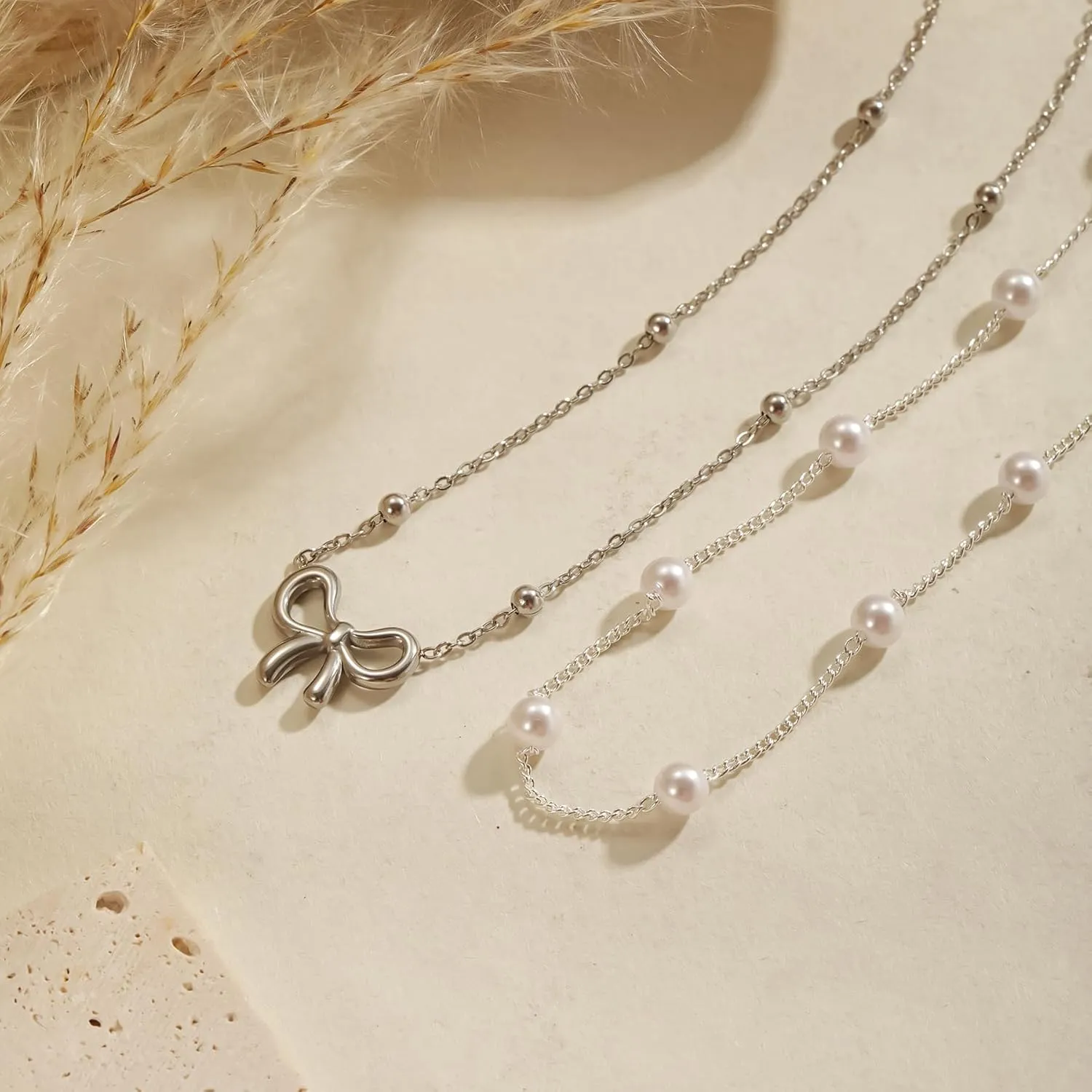18K Gold Plated Satellite Pearl & Bow Pendant Necklace for Women, Adjustable Layered Choker Chain Jewelry, Mini Gold Pearl Necklace Gift