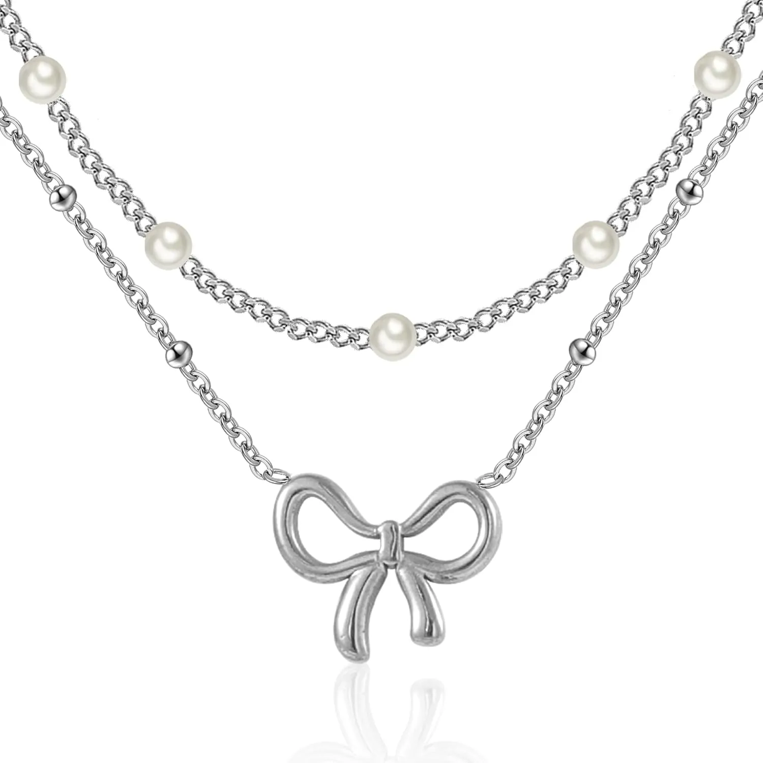18K Gold Plated Satellite Pearl & Bow Pendant Necklace for Women, Adjustable Layered Choker Chain Jewelry, Mini Gold Pearl Necklace Gift