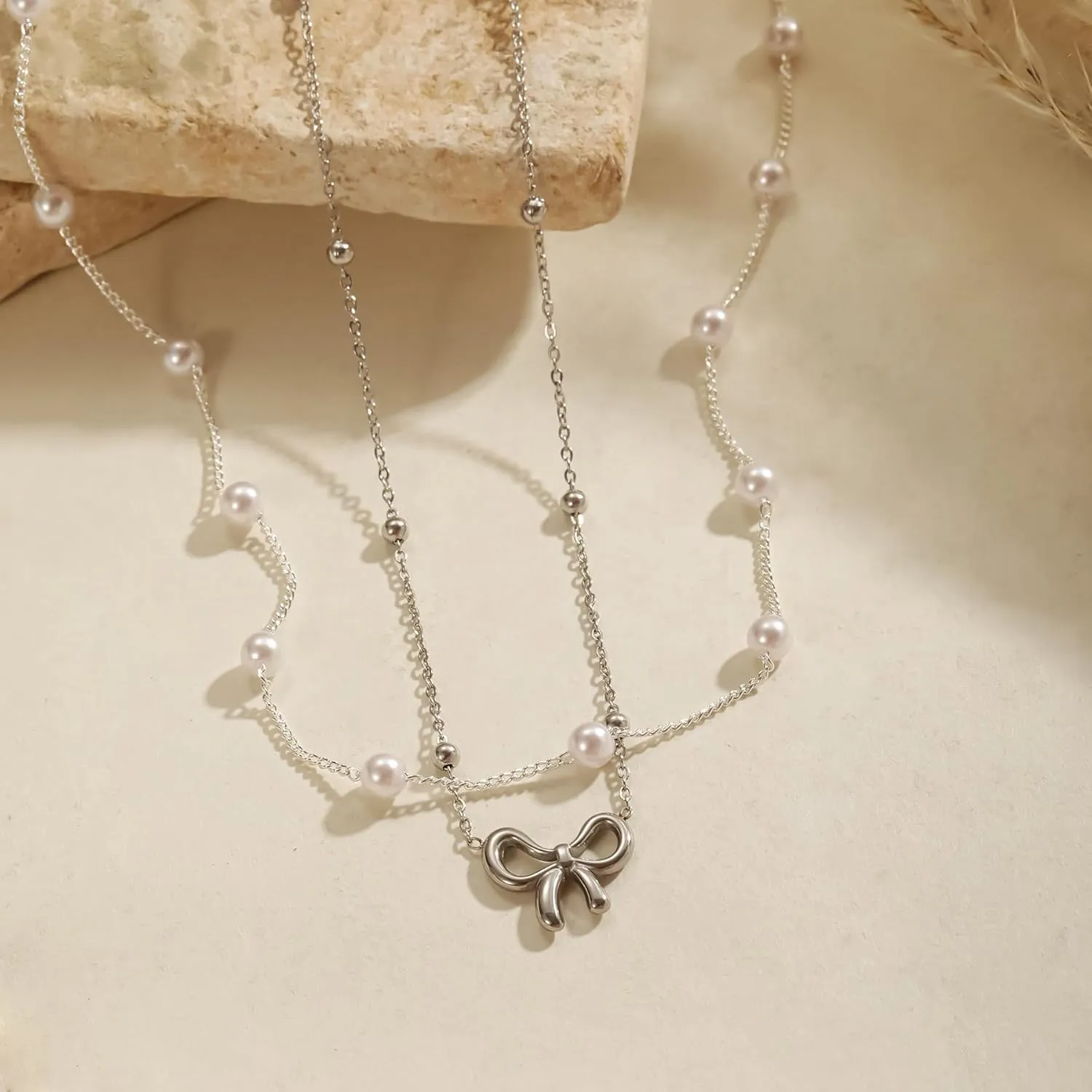 18K Gold Plated Satellite Pearl & Bow Pendant Necklace for Women, Adjustable Layered Choker Chain Jewelry, Mini Gold Pearl Necklace Gift