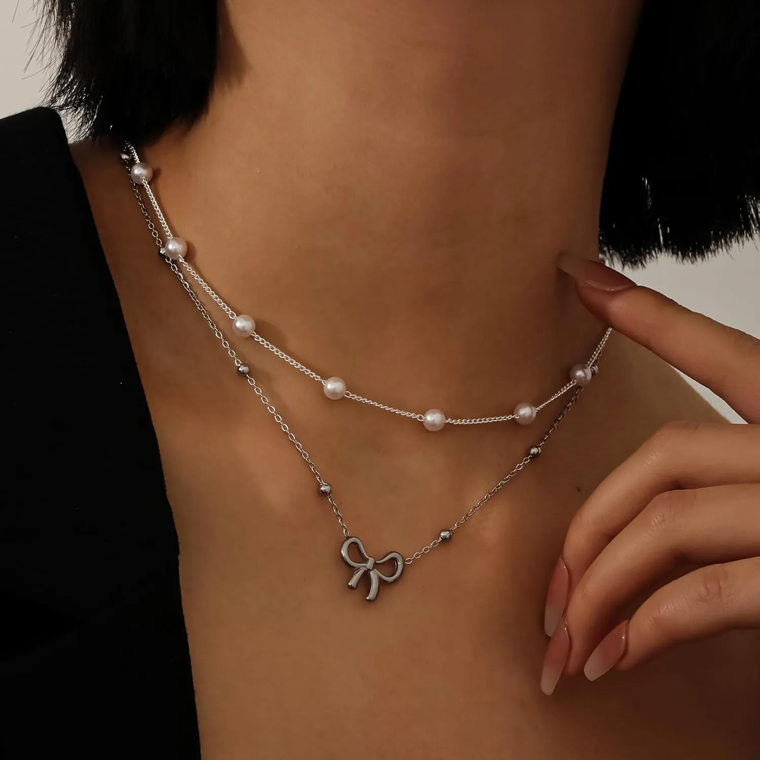 18K Gold Plated Satellite Pearl & Bow Pendant Necklace for Women, Adjustable Layered Choker Chain Jewelry, Mini Gold Pearl Necklace Gift