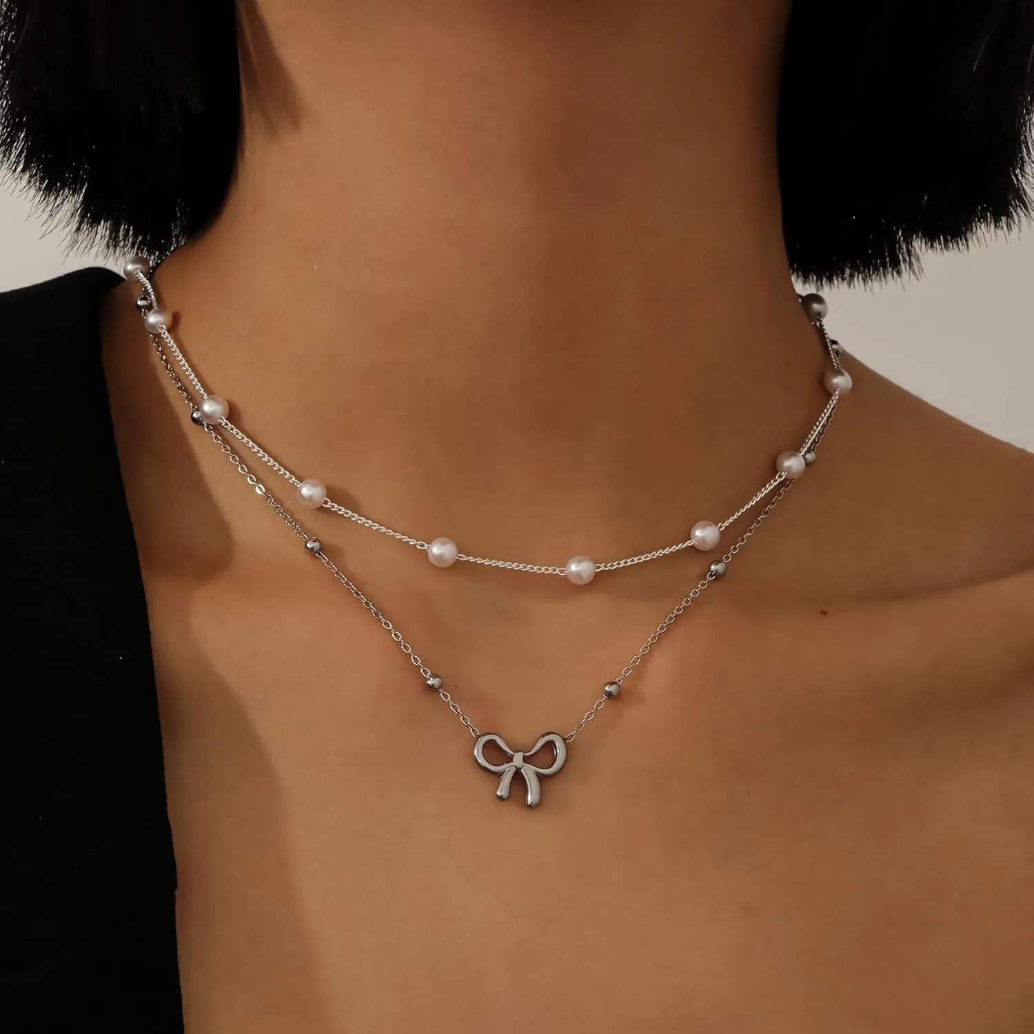 18K Gold Plated Satellite Pearl & Bow Pendant Necklace for Women, Adjustable Layered Choker Chain Jewelry, Mini Gold Pearl Necklace Gift