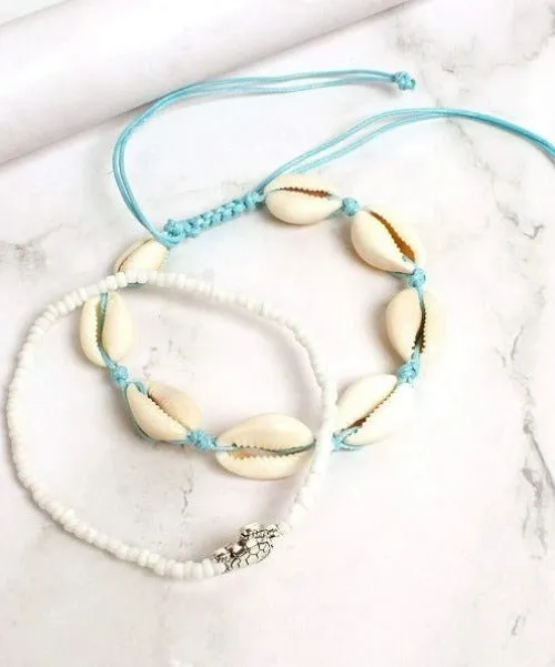 2PCS Boho Turquoise Shell Anklet with White Turtle Bead Ankle Bracelet