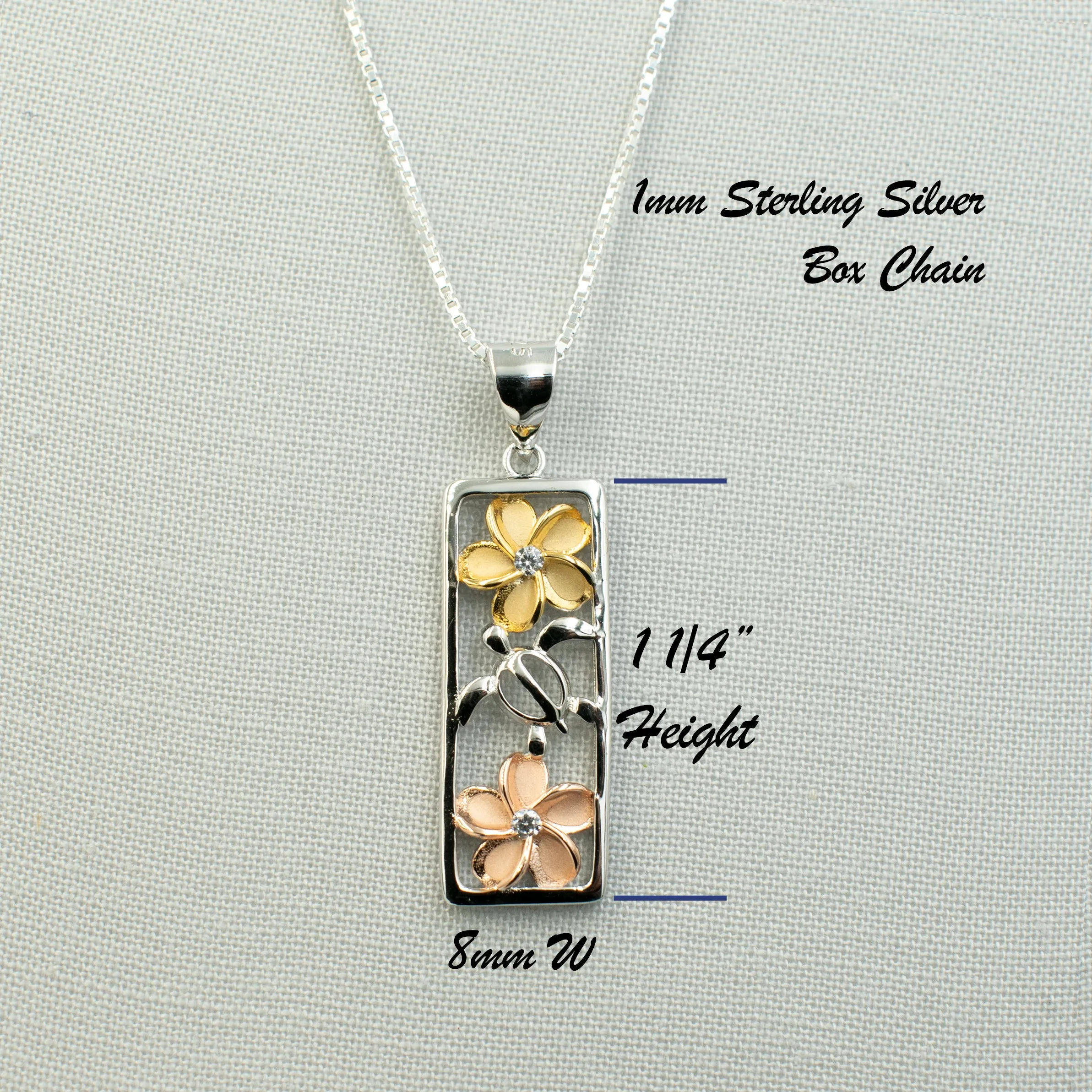 925 Sterling Silver Plumeria & Sea Turtle Necklace for Women. Tri-color, 1 1/4" Vertical Cutout Hawaiian Necklace. Island Jewelry Gift.