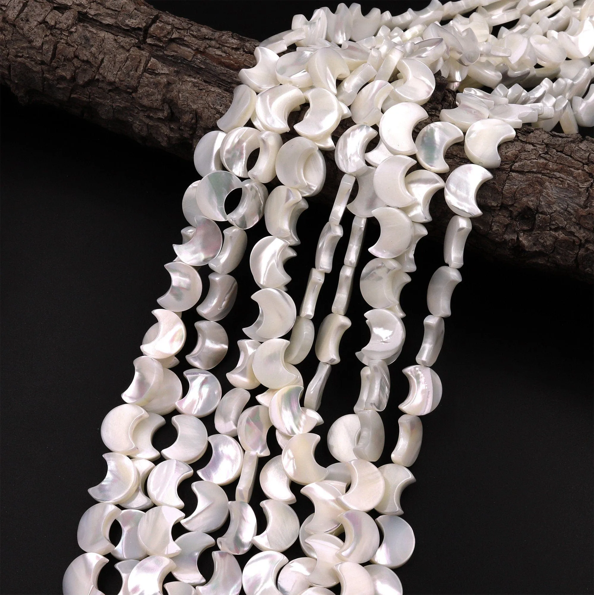 AAA Iridescent Carved Natural White Mother of Pearl Shell Moon Beads 8mm 10mm 12mm 15.5" Strand
