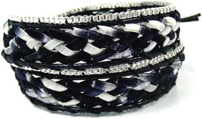 AeraVida Vintage Braided Silk with Silver Metallic Trim Black Leather Wrap Bracelet
