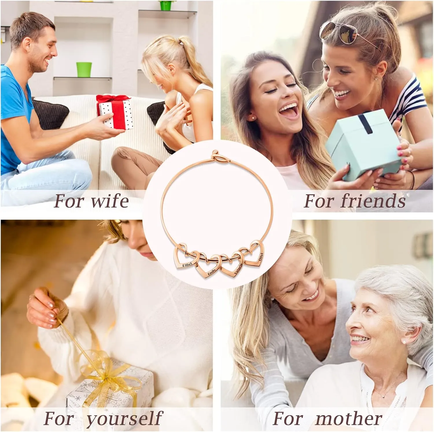 BAUMA AUTO Personalized Bracelets for Women with 2-8 Custom Names Heart Charms Promise Bangle Cuff Bracelets for Women Unique Jewelry for Wife Grandma Mother's Birthday Anniversary Christmas Gift