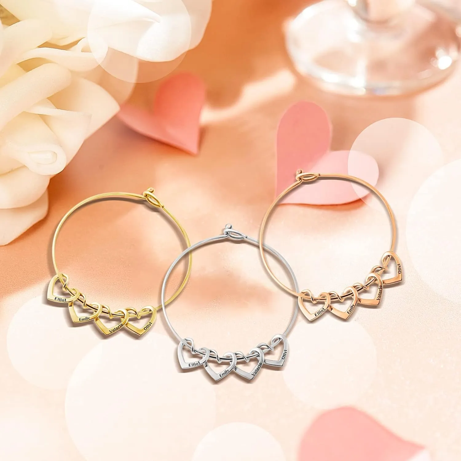 BAUMA AUTO Personalized Bracelets for Women with 2-8 Custom Names Heart Charms Promise Bangle Cuff Bracelets for Women Unique Jewelry for Wife Grandma Mother's Birthday Anniversary Christmas Gift