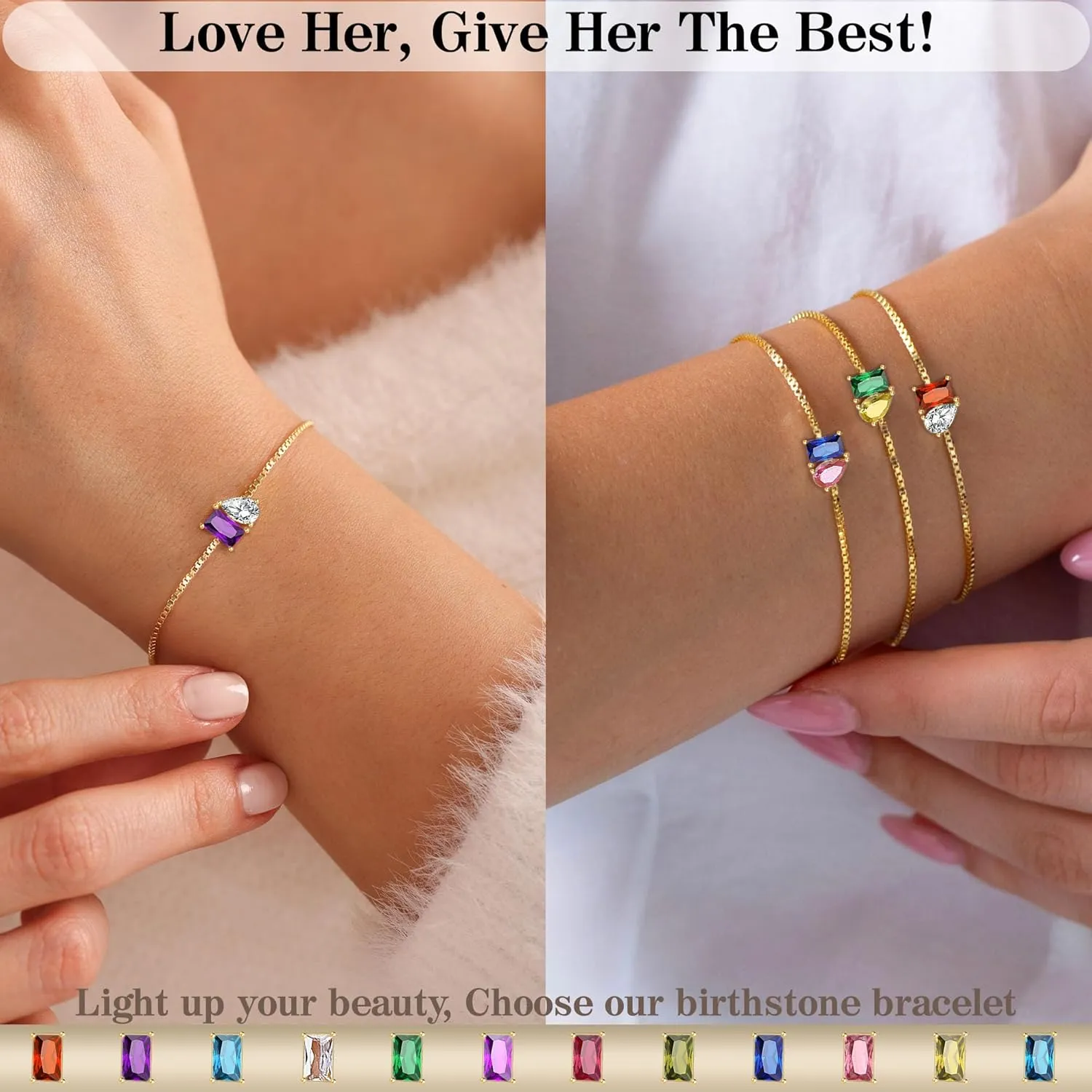 Birthstone Bracelets for Women, Dainty Gold Bracelet with Birthstone Birthday Gifts for Her Mothers Day Gifts Trendy Stuff 14k Plated Adjustable Link Bracelet Anniversary Christmas Jewelry