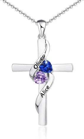 BlingSparkle Cross Necklace for Women Personalized 2 Names Necklace with 2 Heart Simulated Birthstone Jewelry Pendant Necklace for Mom Wife Gift for Mother's Day or Birthday