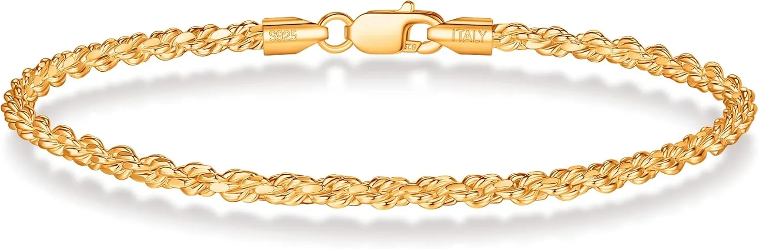 BRIJEWNES 925 Sterling Silver Clasp 2/2.5/3mm Gold | Silver Rope Chain Bracelets for Men Women Solid Diamond Cut Rope Chain Mens Bracelet Chain Bracelets for Men Jewelry Men Gifts