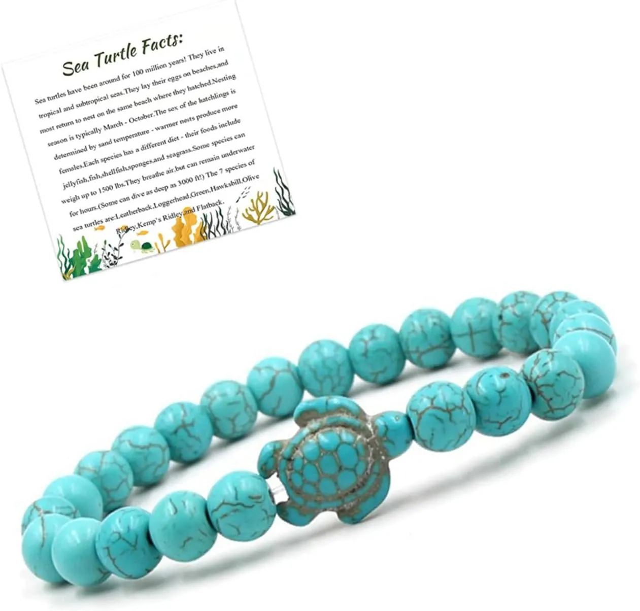 Caiyao 8mm Sea Turtle Natural Stone Beaded Bracelet Set Lava Stone Turquoise Stretchy Elastic Bracelet for Women Men Summer Beach Animal Meditation Jewelry Gift