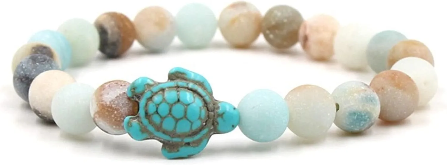 Caiyao 8mm Sea Turtle Natural Stone Beaded Bracelet Set Lava Stone Turquoise Stretchy Elastic Bracelet for Women Men Summer Beach Animal Meditation Jewelry Gift