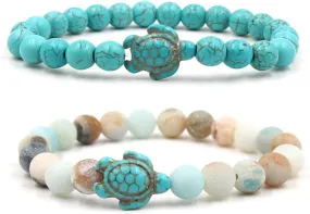 Caiyao 8mm Sea Turtle Natural Stone Beaded Bracelet Set Lava Stone Turquoise Stretchy Elastic Bracelet for Women Men Summer Beach Animal Meditation Jewelry Gift