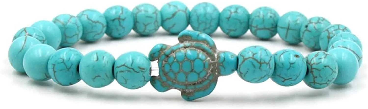 Caiyao 8mm Sea Turtle Natural Stone Beaded Bracelet Set Lava Stone Turquoise Stretchy Elastic Bracelet for Women Men Summer Beach Animal Meditation Jewelry Gift