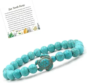 Caiyao 8mm Sea Turtle Natural Stone Beaded Bracelet Set Lava Stone Turquoise Stretchy Elastic Bracelet for Women Men Summer Beach Animal Meditation Jewelry Gift