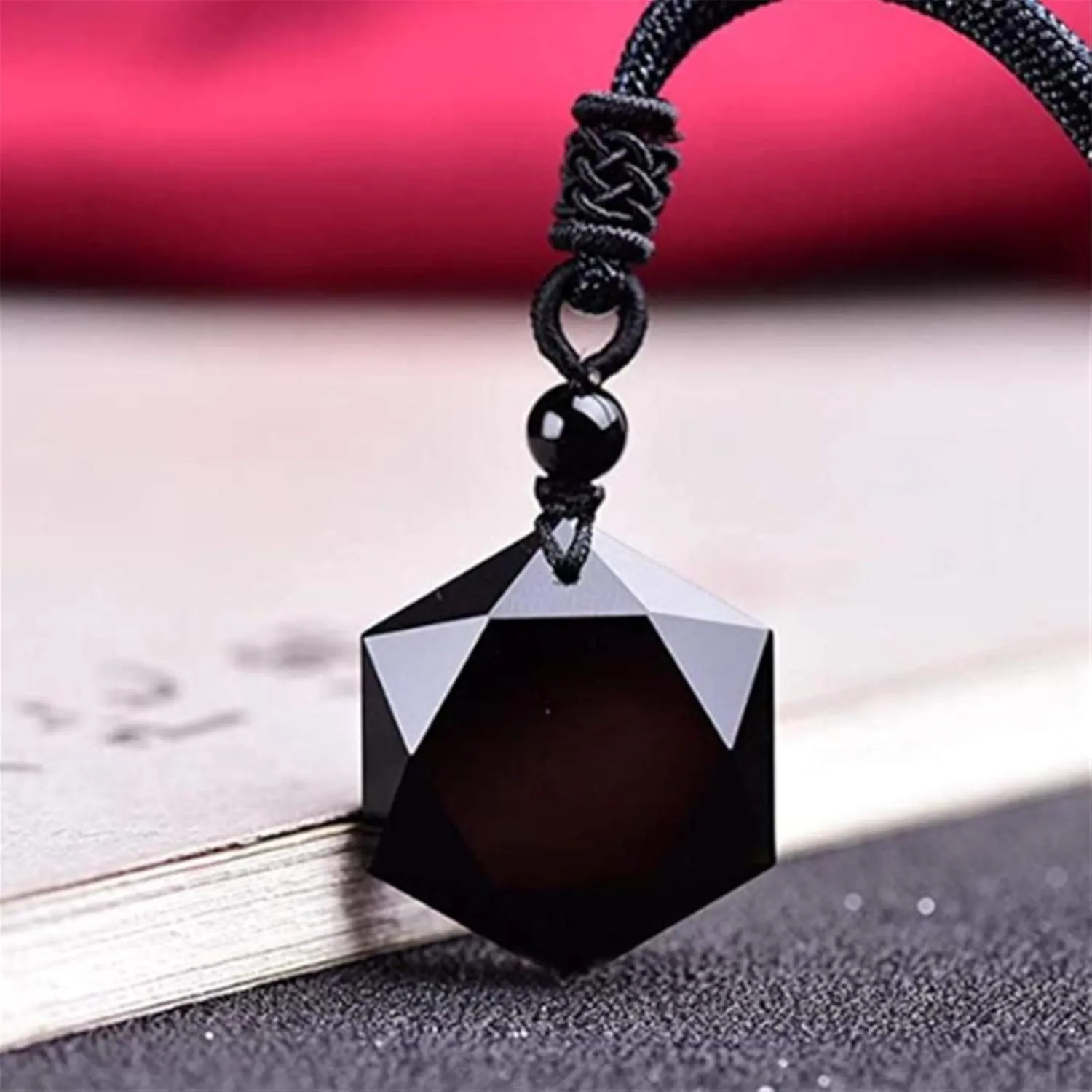 Caiyao Lucky Black Obsidian Hexagram Pendant Necklace Adjustable Rope Energy Healing Natural Stone Necklace for Men Boyfriend Lover Amulet Protection Valentine's Day Jewelry Gift