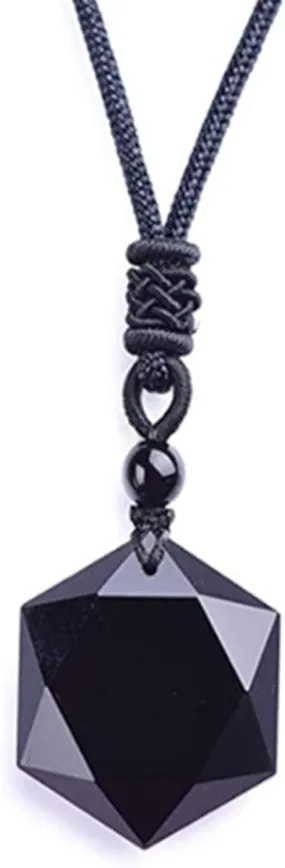 Caiyao Lucky Black Obsidian Hexagram Pendant Necklace Adjustable Rope Energy Healing Natural Stone Necklace for Men Boyfriend Lover Amulet Protection Valentine's Day Jewelry Gift