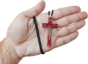 Catholica Shop Religious Wear Handcrafted Cherry Wood Corded Necklace Cross Pendant for Men and Women. Made in Brazil - 2.4 Inches