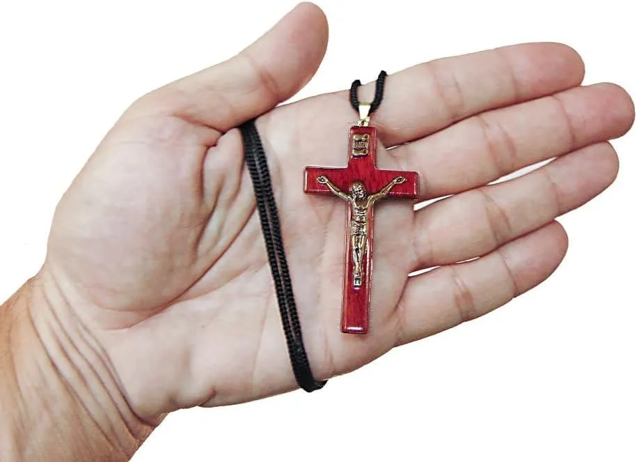 Catholica Shop Religious Wear Handcrafted Cherry Wood Corded Necklace Cross Pendant for Men and Women. Made in Brazil - 2.4 Inches