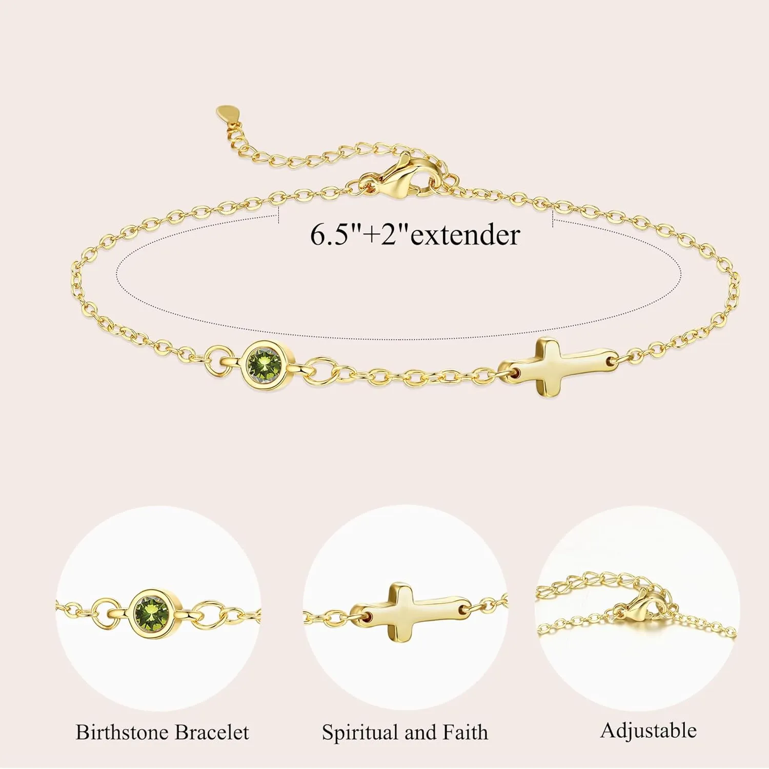 Cross Bracelet for Women with Birthstone Dainty 14k Gold Plated Bracelets for Women Non Tarnish with Cross Birthstone Bracelets for Teen Girl Gifts Trendy Stuff Religious Christian Birthday Gifts Jewelry