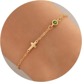 Cross Bracelet for Women with Birthstone Dainty 14k Gold Plated Bracelets for Women Non Tarnish with Cross Birthstone Bracelets for Teen Girl Gifts Trendy Stuff Religious Christian Birthday Gifts Jewelry