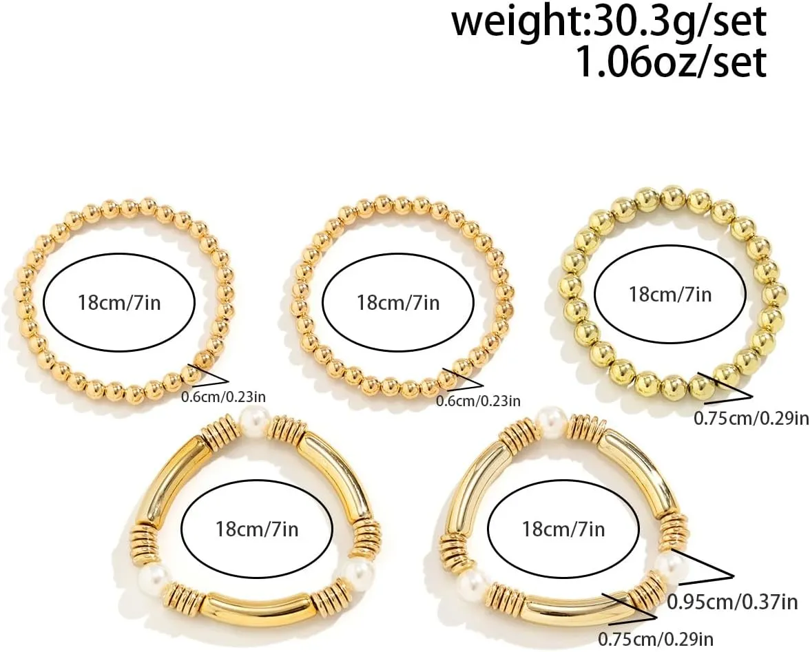 Cyberpunk Pearl Beaded Bracelet Set 18K Gold Stacked Beaded Bracelet for Women Chunky Exaggerated Metal Bend Stretchable Bracelet