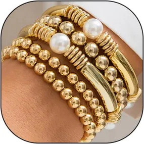 Cyberpunk Pearl Beaded Bracelet Set 18K Gold Stacked Beaded Bracelet for Women Chunky Exaggerated Metal Bend Stretchable Bracelet
