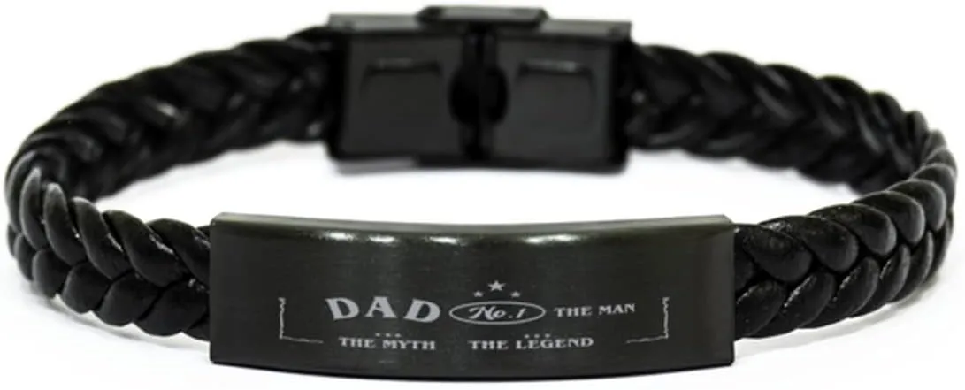 Dad Braided Leather Bracelet, DAD No. 1 The Man The Myth The Legend, Laser Engraved, Stainless Steel Wristband