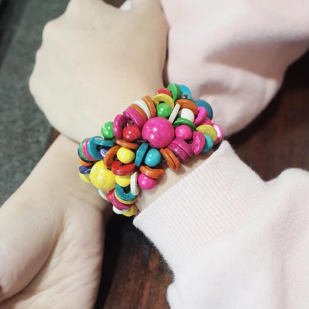 DATOA Boho Multi-Colored Wooden Beads Stretch Bracelet for Women Statement Wide Chunky Bangle Bohemian Jewelry Wood Elastic Wristband