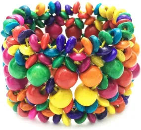 DATOA Boho Multi-Colored Wooden Beads Stretch Bracelet for Women Statement Wide Chunky Bangle Bohemian Jewelry Wood Elastic Wristband