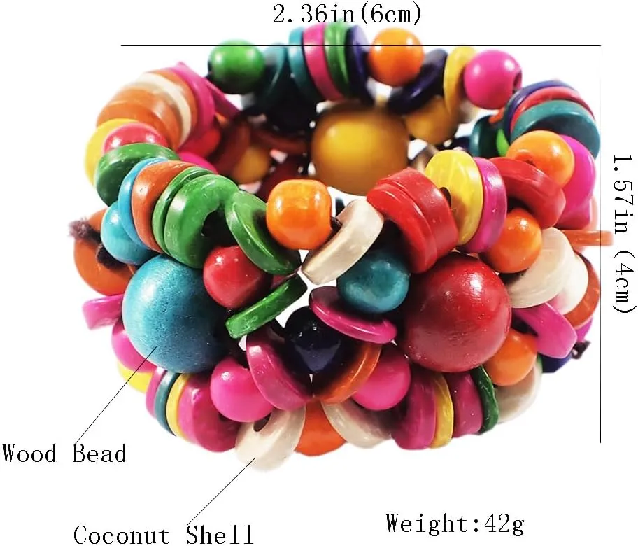 DATOA Boho Multi-Colored Wooden Beads Stretch Bracelet for Women Statement Wide Chunky Bangle Bohemian Jewelry Wood Elastic Wristband
