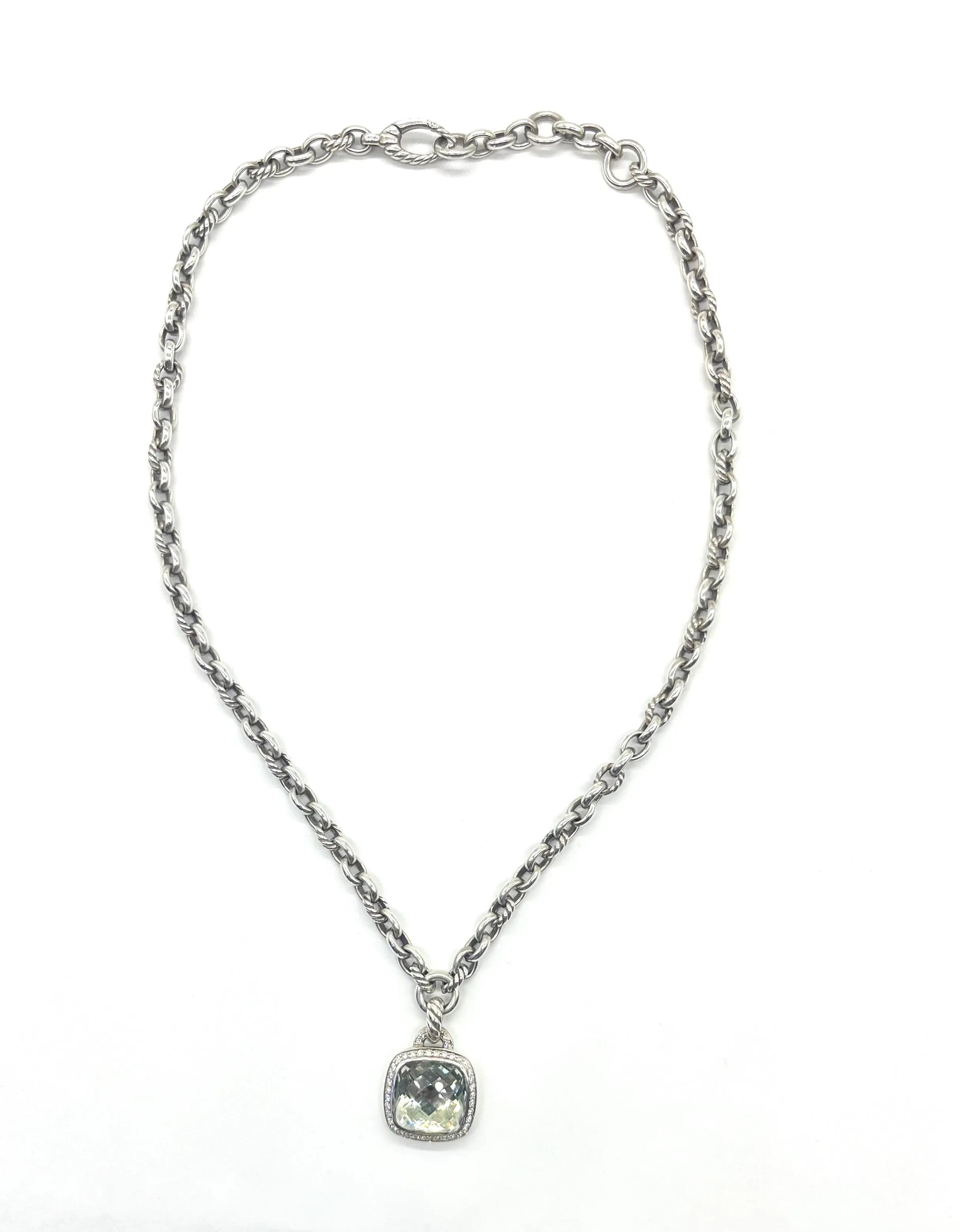 David Yurman Sterling Silver Green Topaz and Diamond Halo Necklace